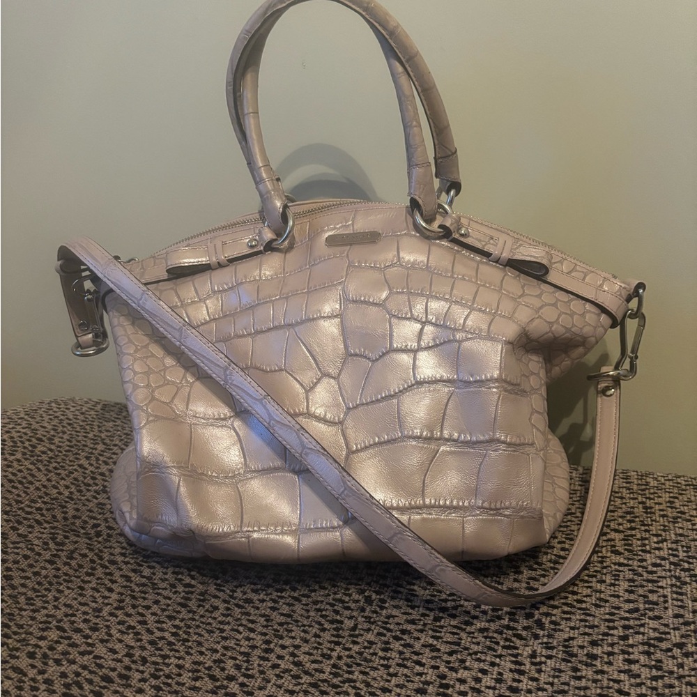 Coach Croc-Embossed Shoulder Bag in Light Beige with a pinkish hue
